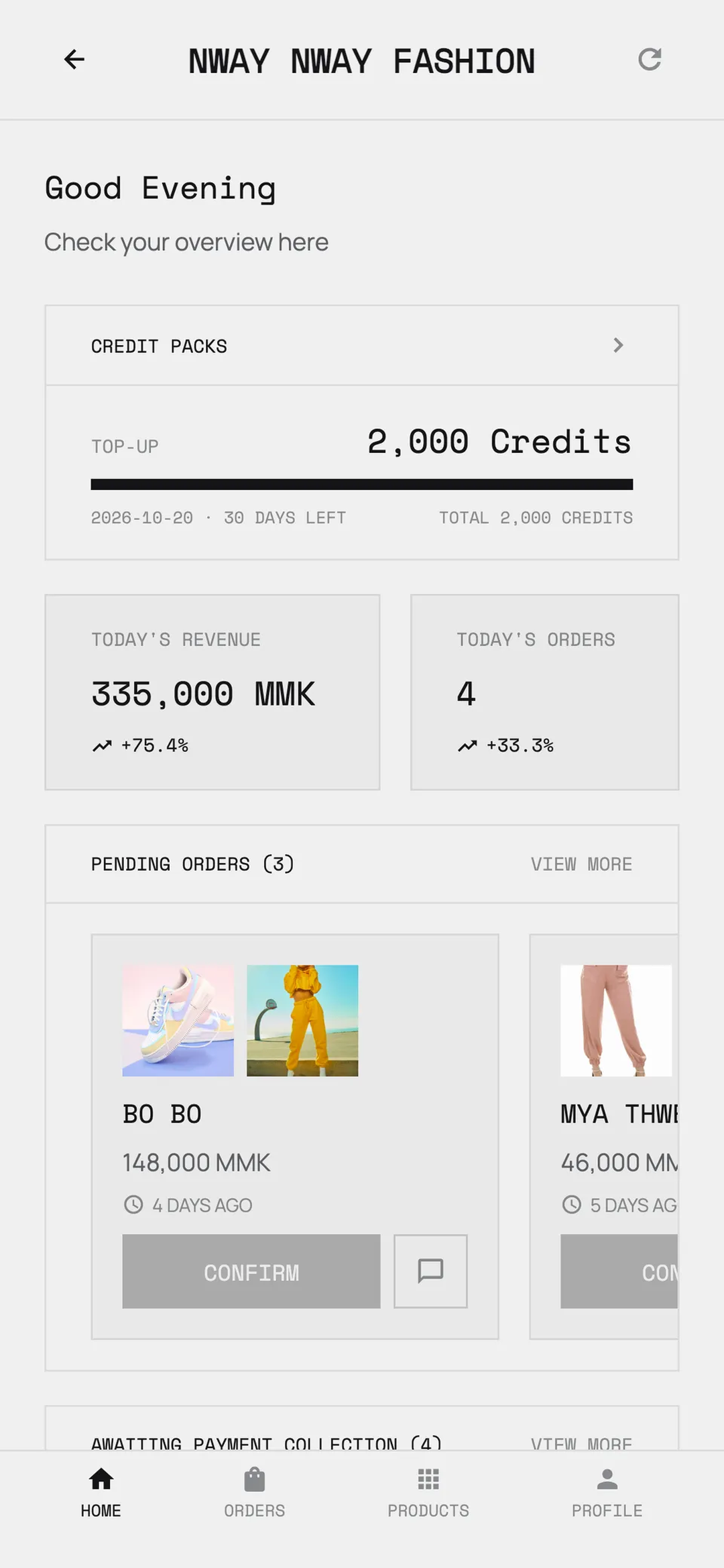 The Biz Copilot home screen on a phone: the day’s revenue and order count, and a row of pending orders waiting to be confirmed.